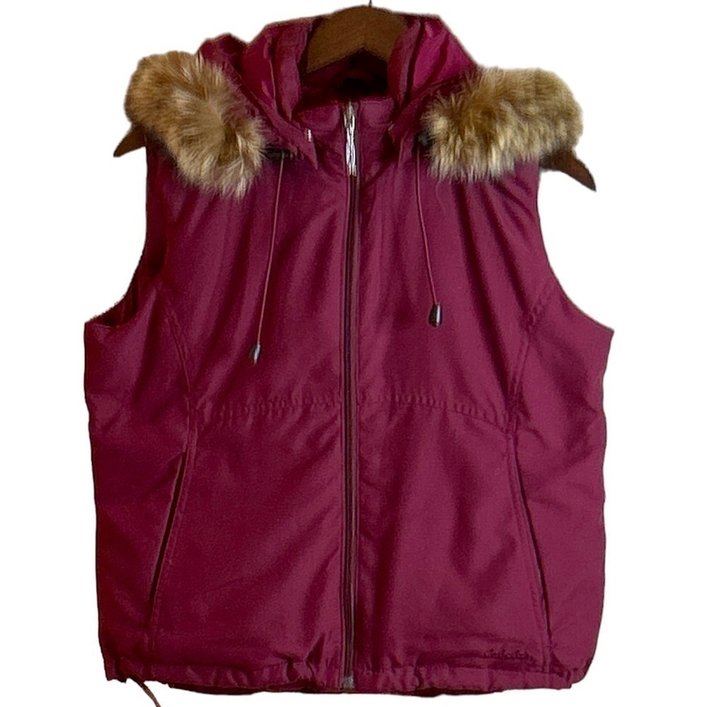 Cabela's Women's Faux Fur Goose Down Zip Front Vest Burgundy Size Small